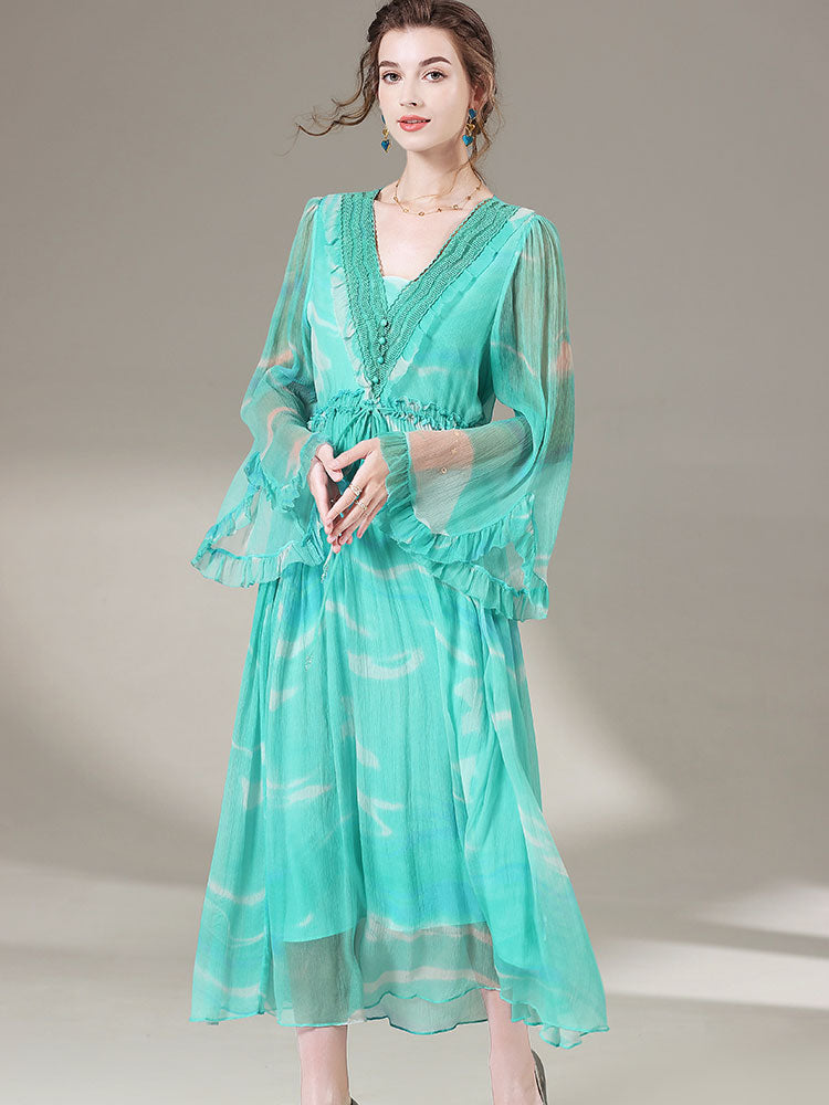 Deep V-neck Long Bell Sleeves Green Silk Dress SD004