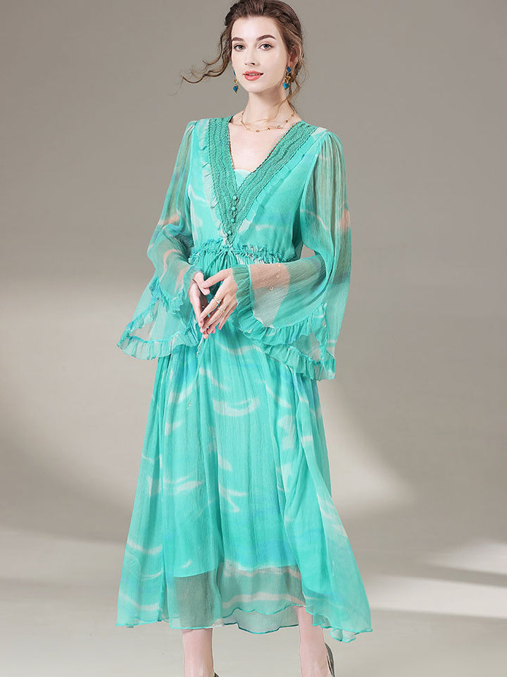 Deep V-neck Long Bell Sleeves Green Silk Dress SD004