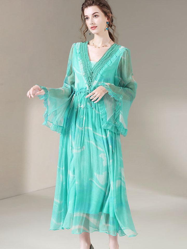 Deep V-neck Long Bell Sleeves Green Silk Dress SD004