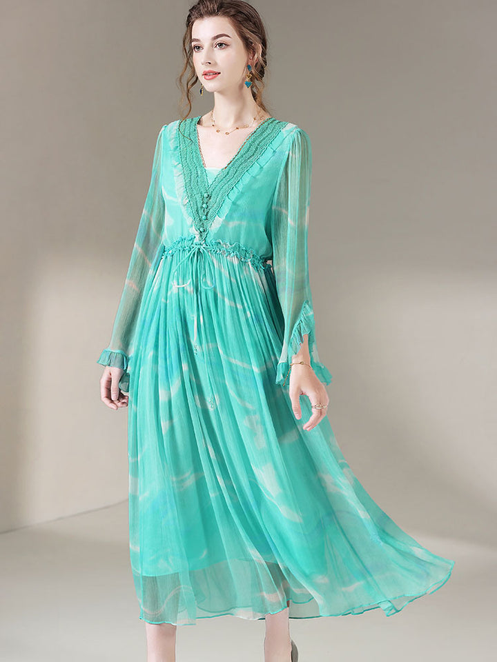 Deep V-neck Long Bell Sleeves Green Silk Dress SD004