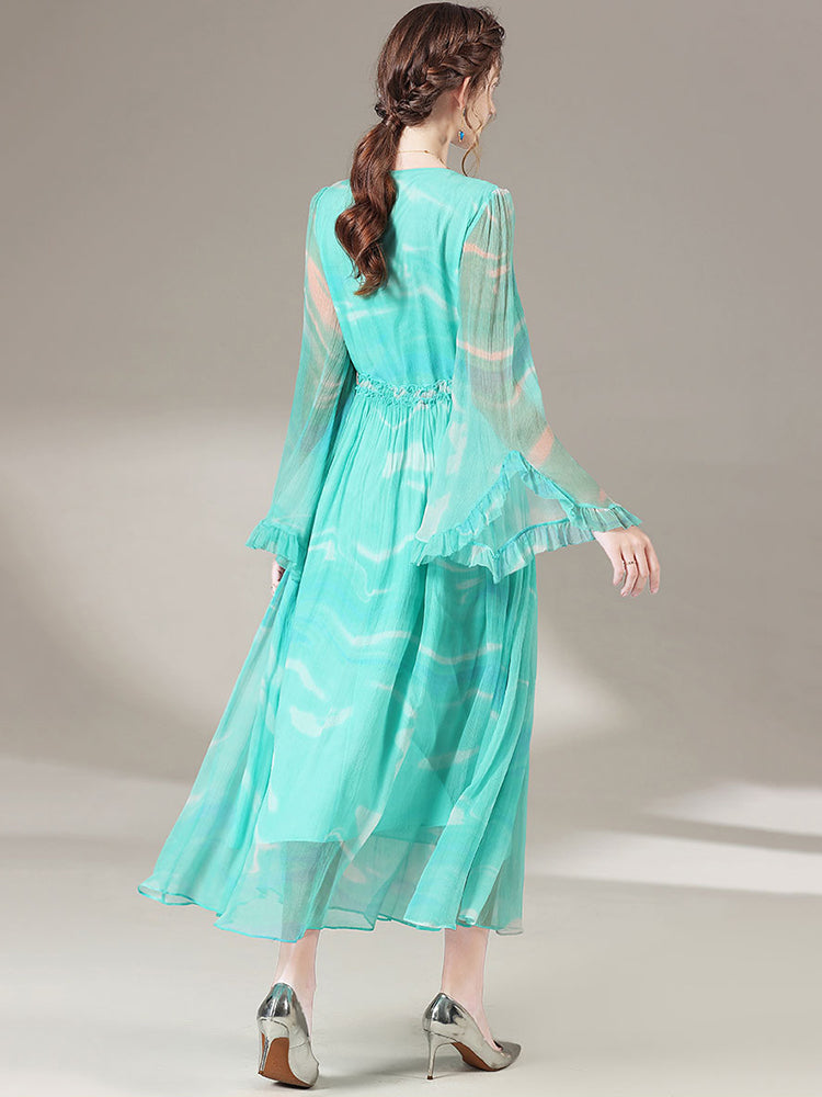 Deep V-neck Long Bell Sleeves Green Silk Dress SD004