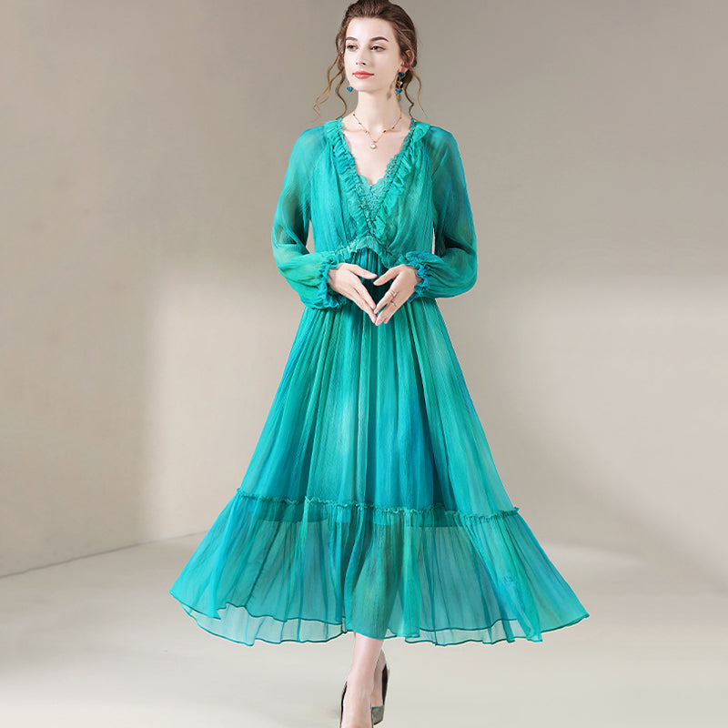 Blue Green V-Neck Long Sleeve Silk Dress SD005