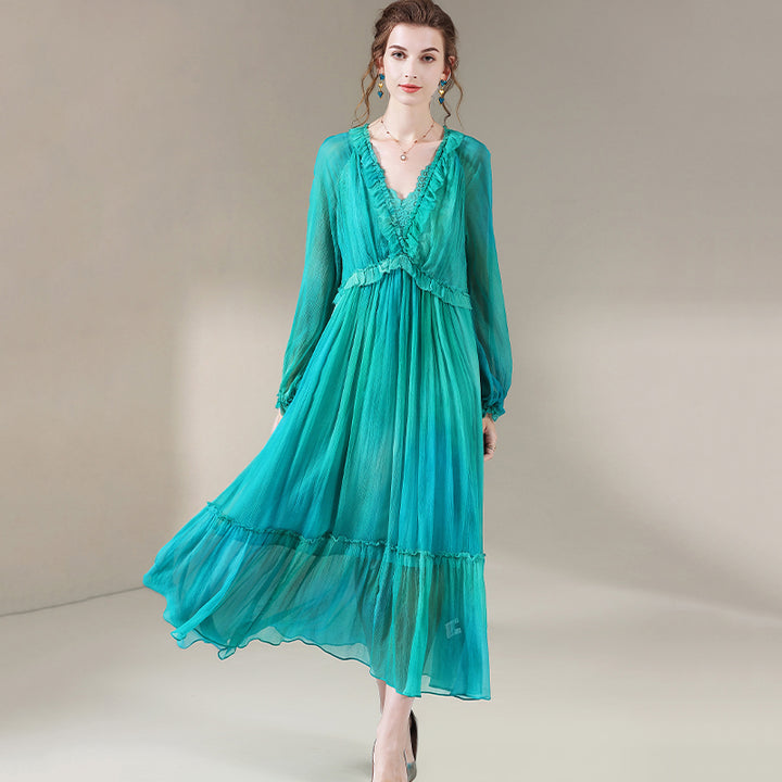 Blue Green V-Neck Long Sleeve Silk Dress SD005