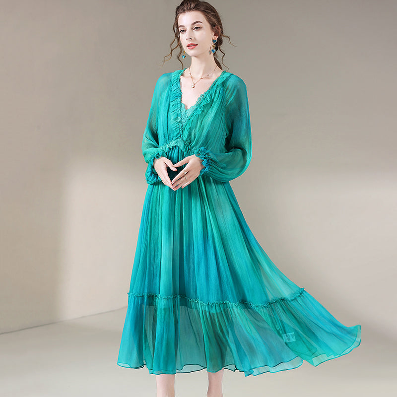 Blue Green V-Neck Long Sleeve Silk Dress SD005