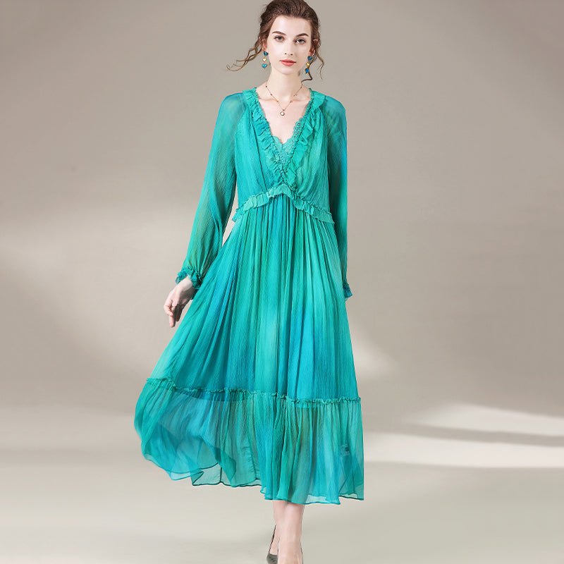 Blue Green V-Neck Long Sleeve Silk Dress SD005