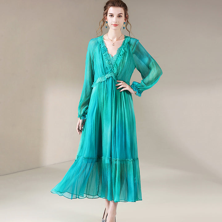 Blue Green V-Neck Long Sleeve Silk Dress SD005