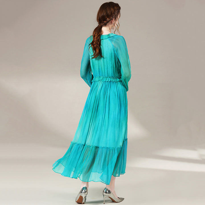 Blue Green V-Neck Long Sleeve Silk Dress SD005