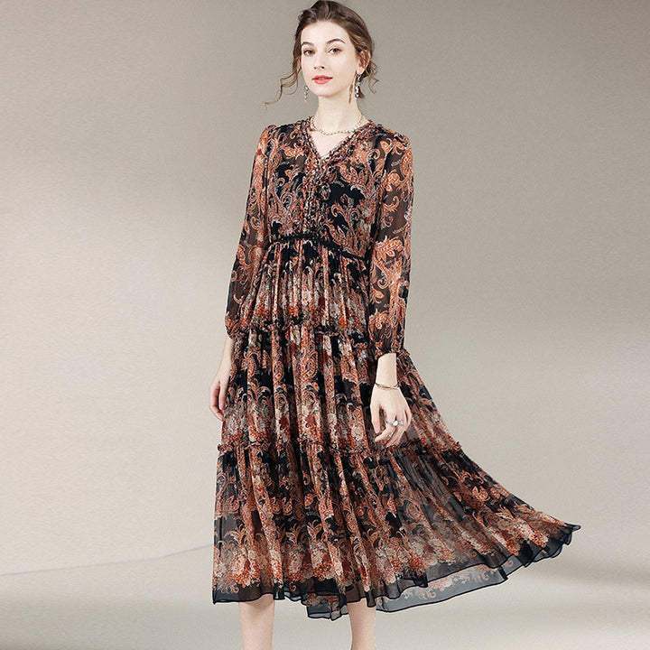 Black Brown Printed Long Sleeve Silk Dress SD006