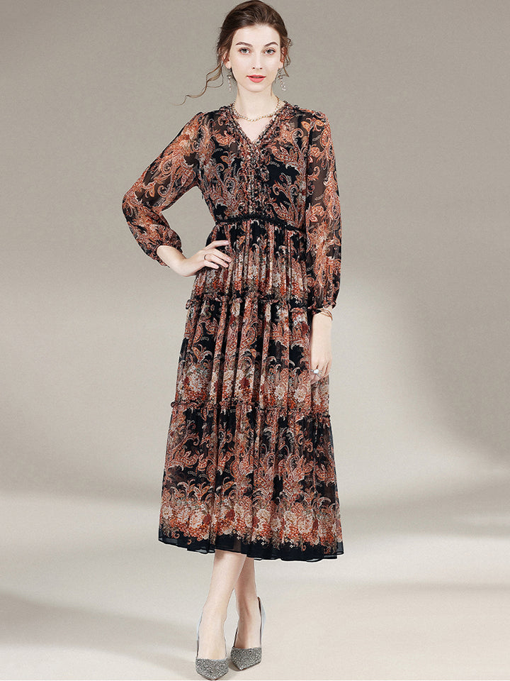 Black Brown Printed Long Sleeve Silk Dress SD006