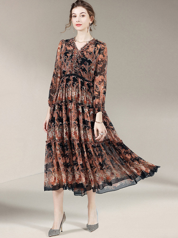 Black Brown Printed Long Sleeve Silk Dress SD006