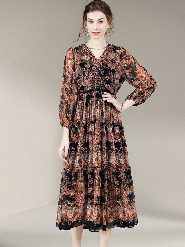 Black Brown Printed Long Sleeve Silk Dress SD006