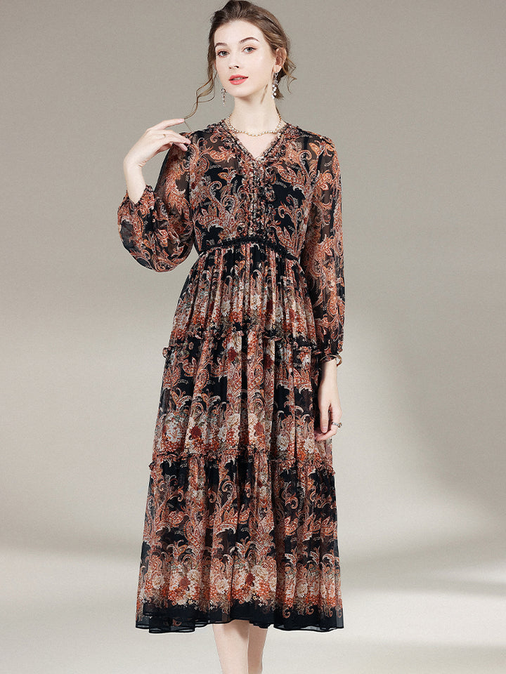 Black Brown Printed Long Sleeve Silk Dress SD006