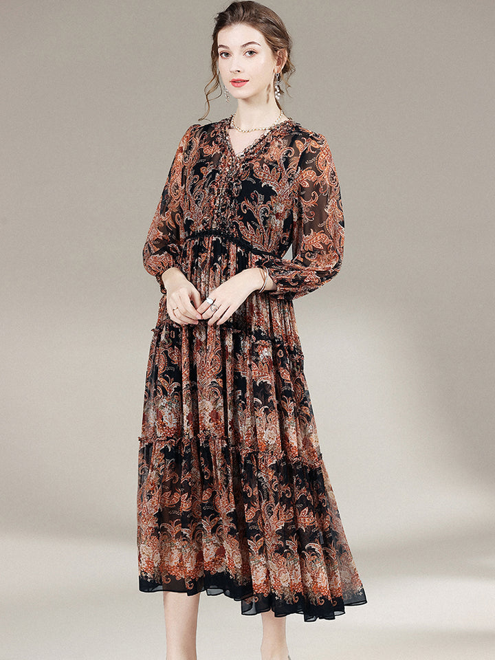 Black Brown Printed Long Sleeve Silk Dress SD006