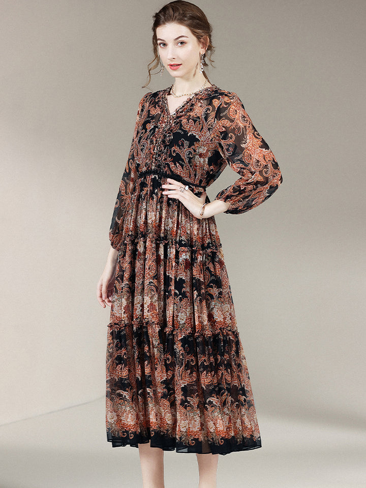 Black Brown Printed Long Sleeve Silk Dress SD006