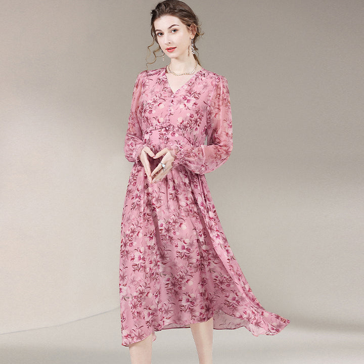 Rosy Pink V-Neck Long Sleeve Floral Silk Dress SD007