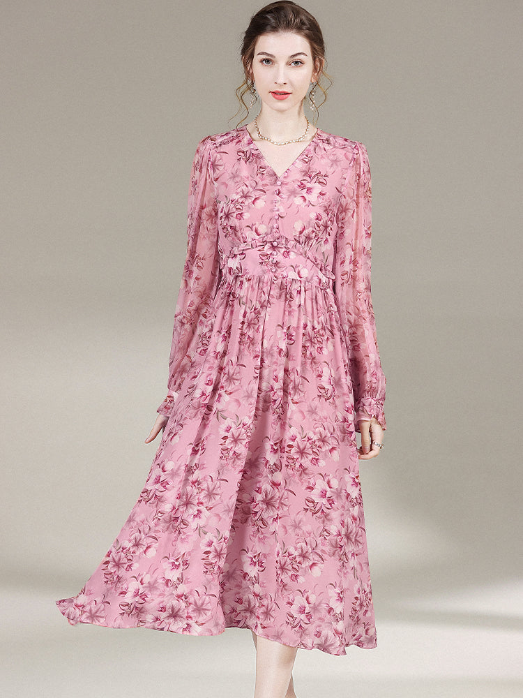 Rosy Pink V-Neck Long Sleeve Floral Silk Dress SD007