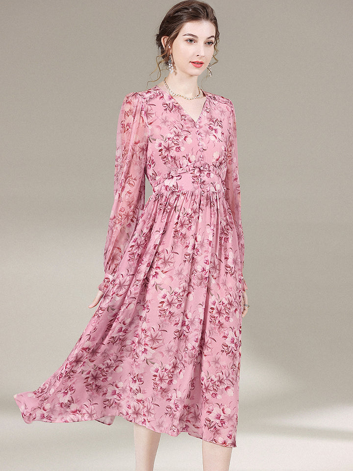 Rosy Pink V-Neck Long Sleeve Floral Silk Dress SD007