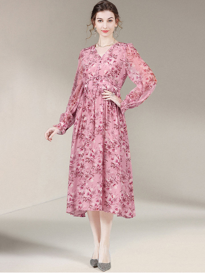 Rosy Pink V-Neck Long Sleeve Floral Silk Dress SD007