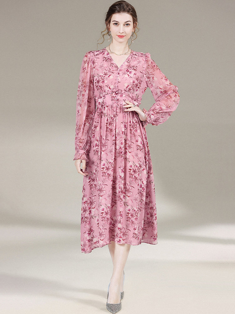 Rosy Pink V-Neck Long Sleeve Floral Silk Dress SD007