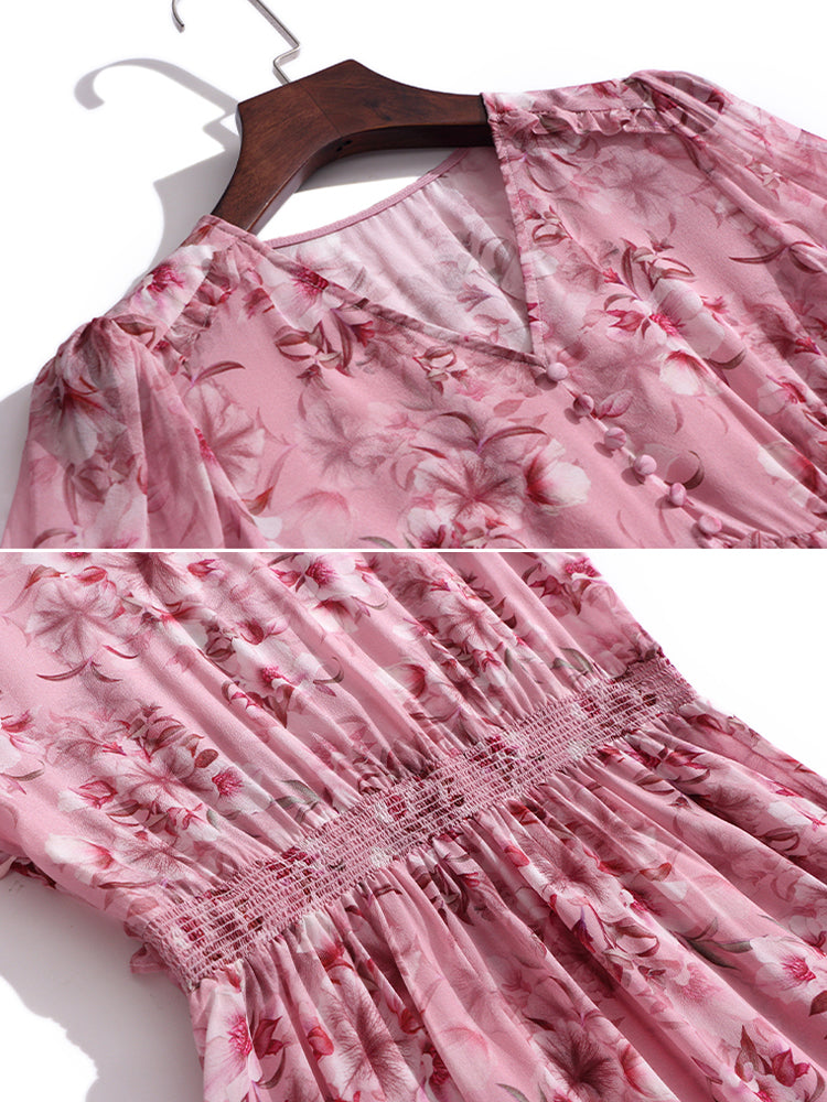 Rosy Pink V-Neck Long Sleeve Floral Silk Dress SD007