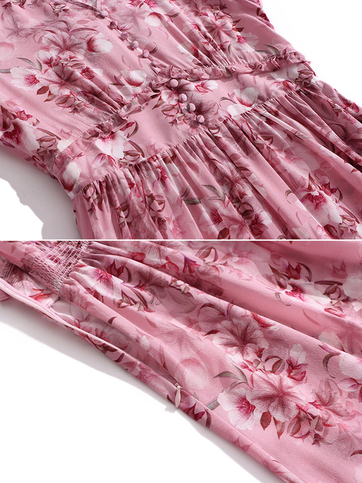 Rosy Pink V-Neck Long Sleeve Floral Silk Dress SD007