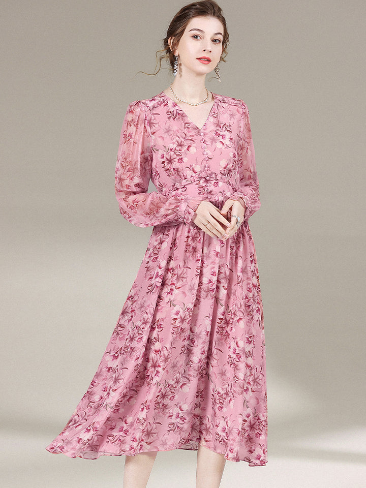 Rosy Pink V-Neck Long Sleeve Floral Silk Dress SD007