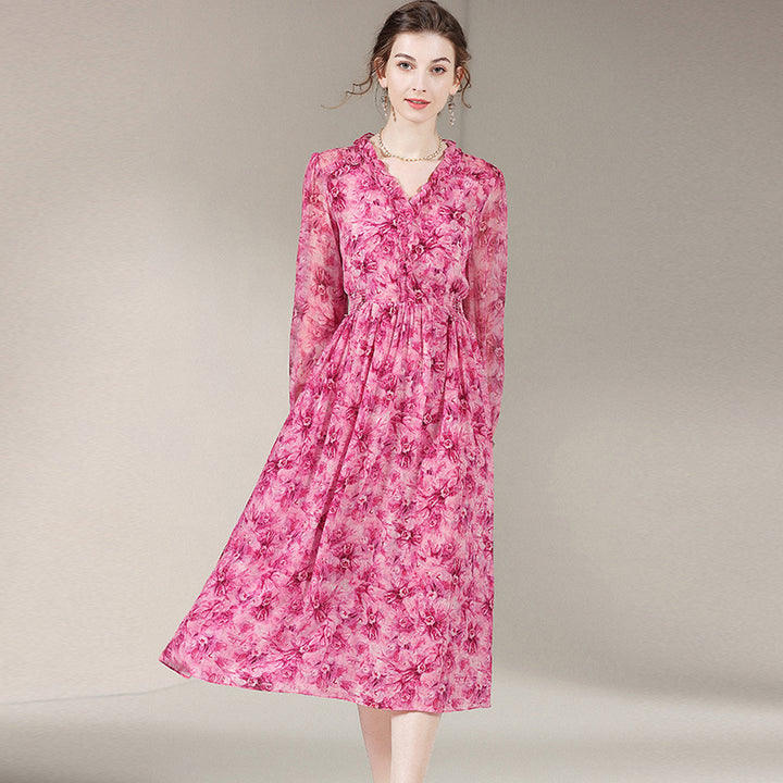 Hot Pink Floral Long Sleeve Silk Dress SD008