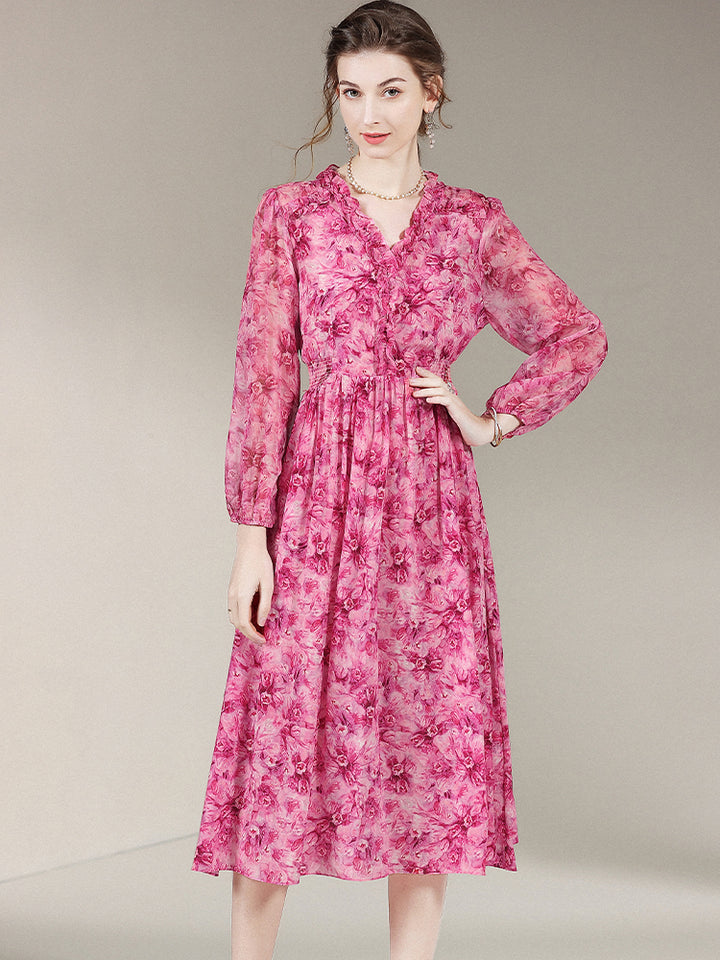 Hot Pink Floral Long Sleeve Silk Dress SD008