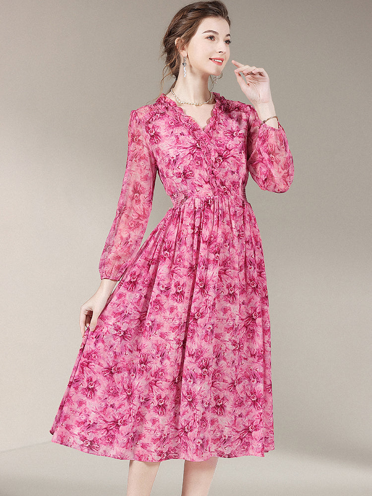 Hot Pink Floral Long Sleeve Silk Dress SD008