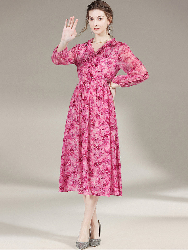 Hot Pink Floral Long Sleeve Silk Dress SD008