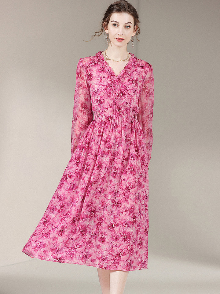 Hot Pink Floral Long Sleeve Silk Dress SD008