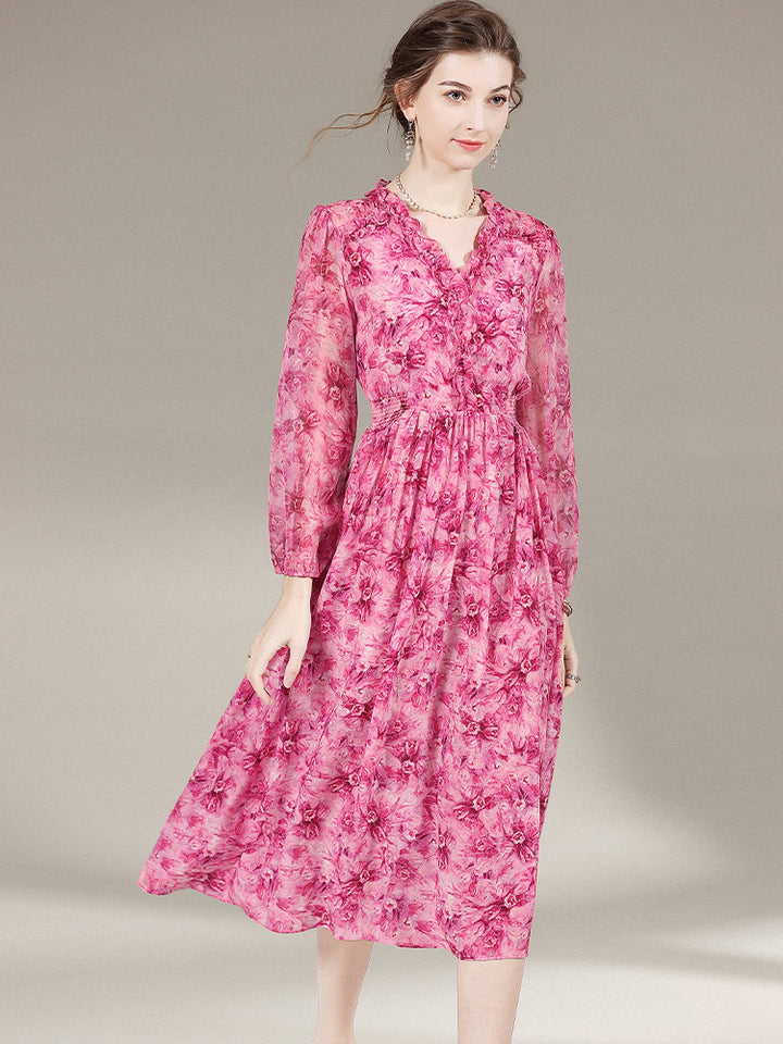 Hot Pink Floral Long Sleeve Silk Dress SD008