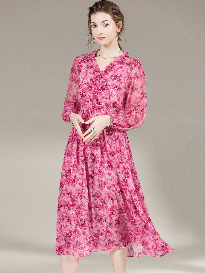 Hot Pink Floral Long Sleeve Silk Dress SD008