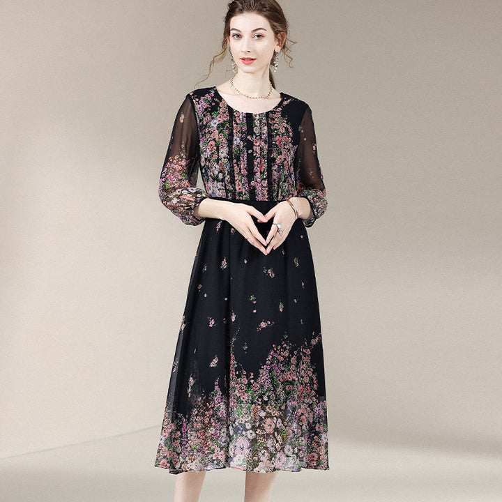 Black Floral Round Neck 3/4 Sleeves Silk Dress SD009