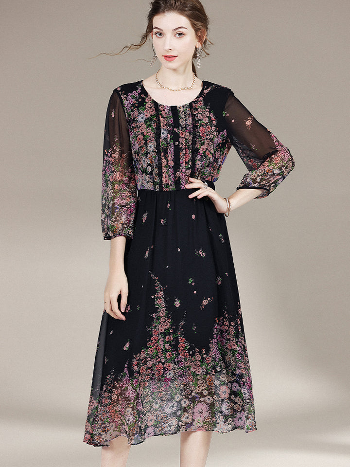 Black Floral Round Neck 3/4 Sleeves Silk Dress SD009