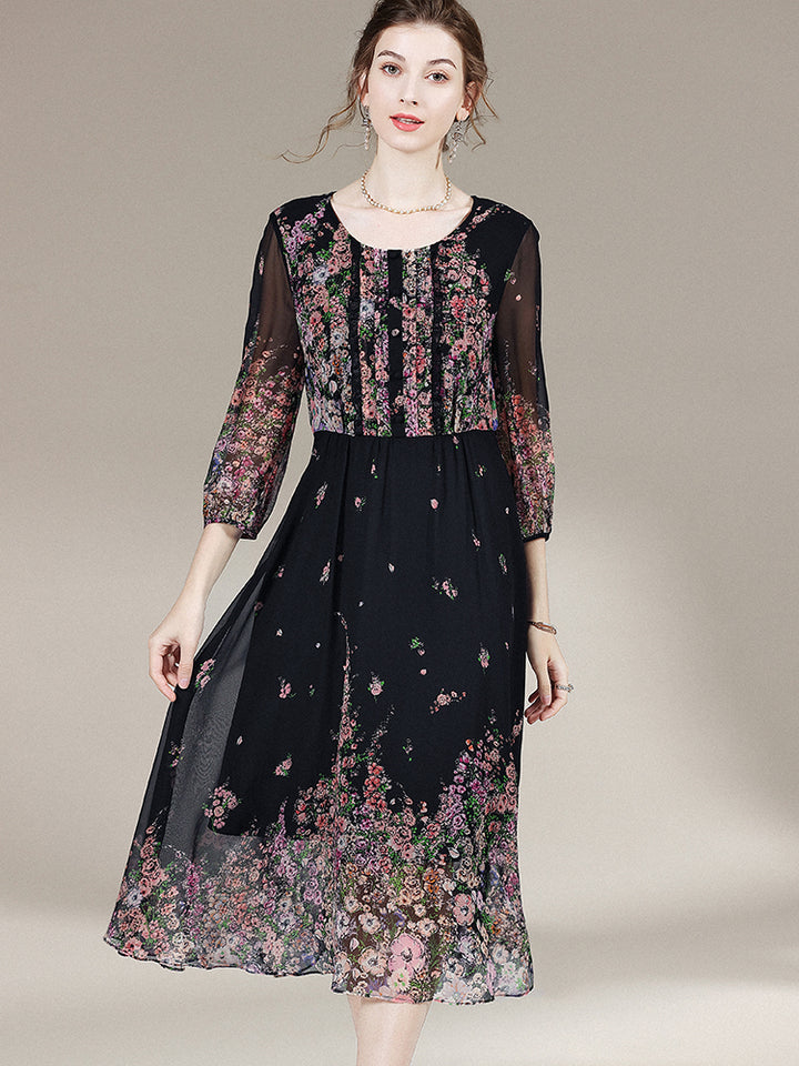 Black Floral Round Neck 3/4 Sleeves Silk Dress SD009