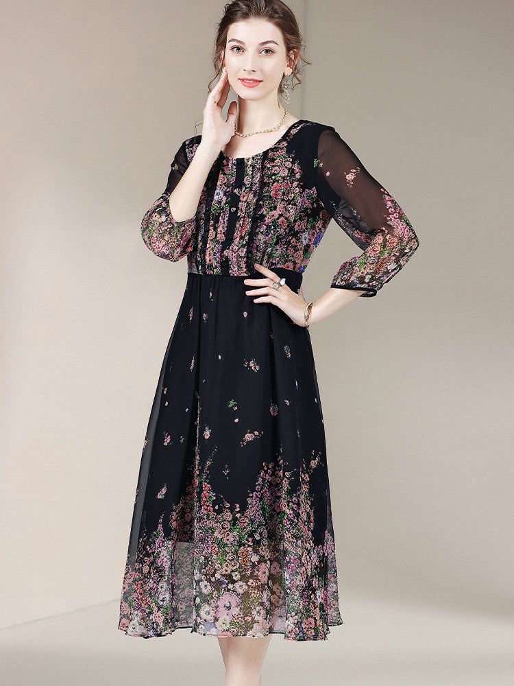 Black Floral Round Neck 3/4 Sleeves Silk Dress SD009