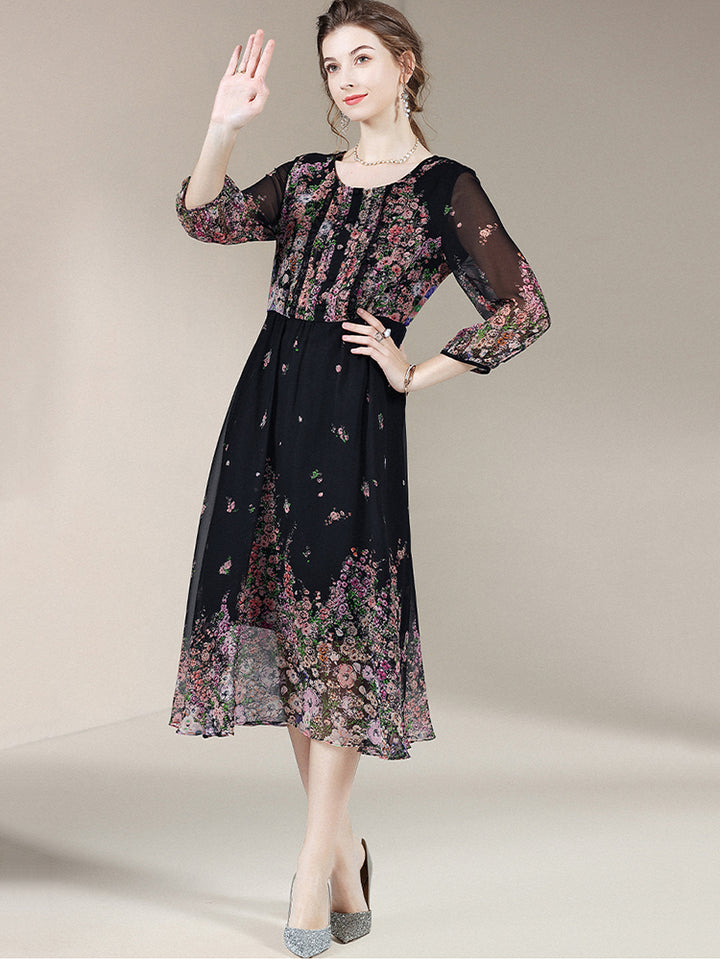 Black Floral Round Neck 3/4 Sleeves Silk Dress SD009