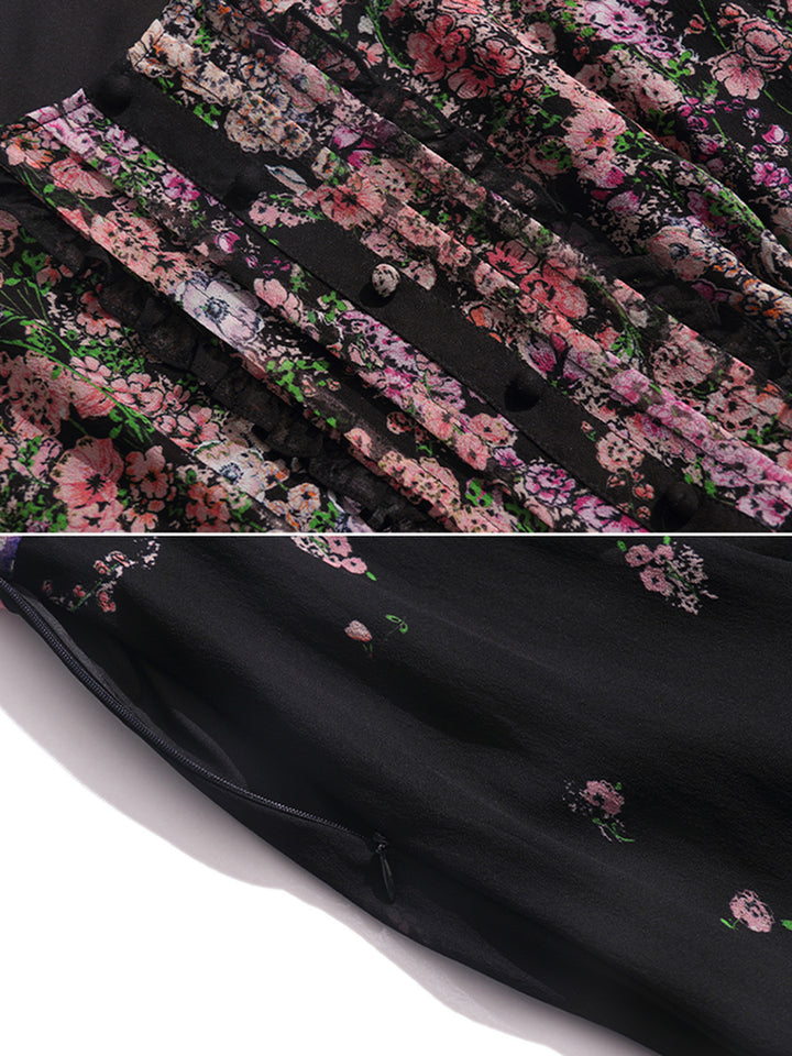 Black Floral Round Neck 3/4 Sleeves Silk Dress SD009