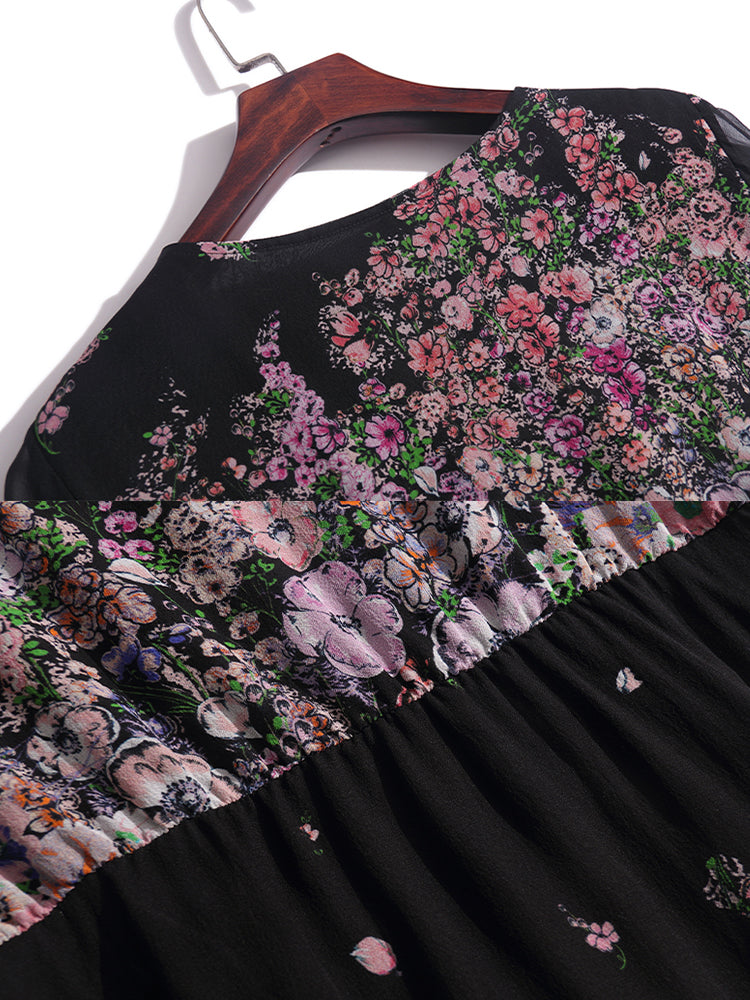 Black Floral Round Neck 3/4 Sleeves Silk Dress SD009