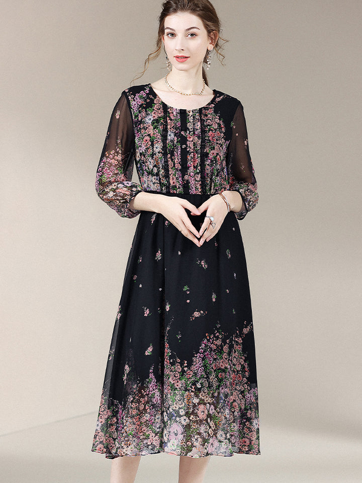 Black Floral Round Neck 3/4 Sleeves Silk Dress SD009