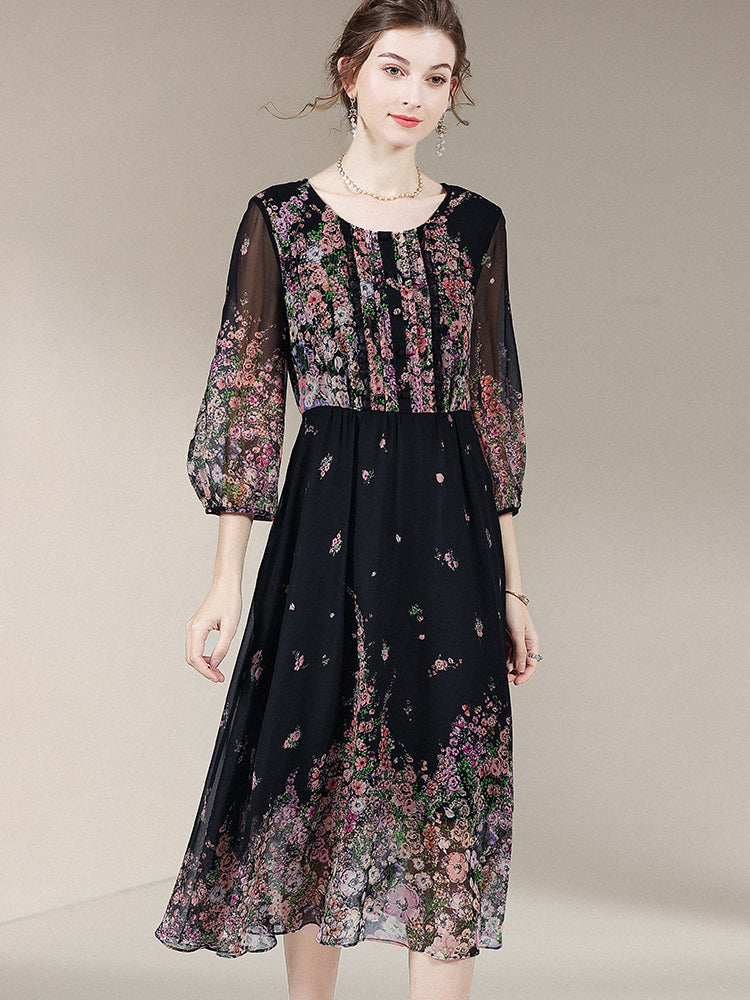 Black Floral Round Neck 3/4 Sleeves Silk Dress SD009