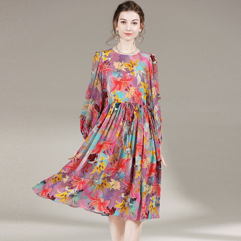 Floral Round Neck Wide Sleeve Beautiful Silk Dress SD010