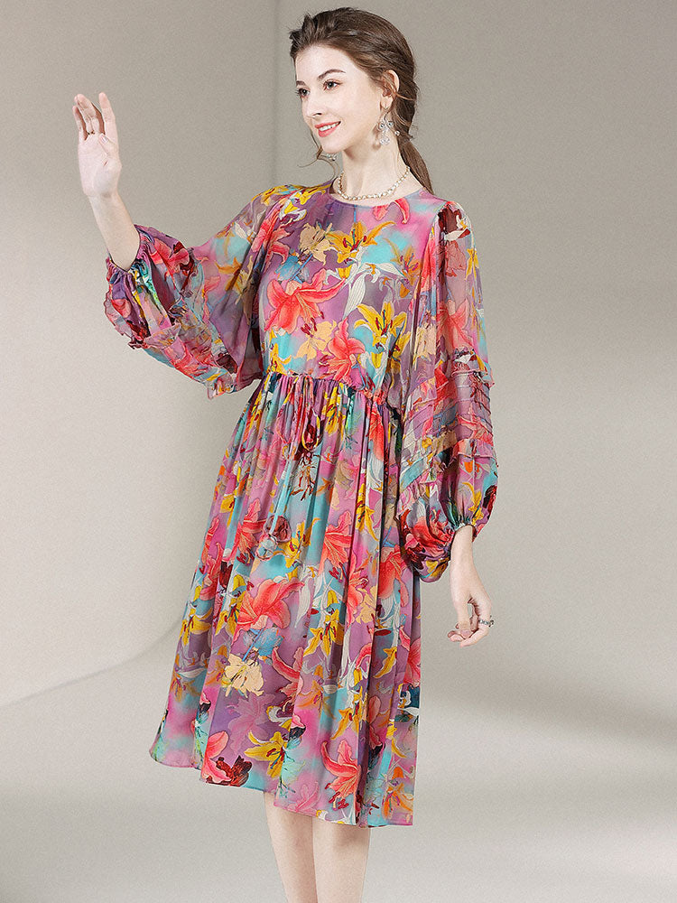 Floral Round Neck Wide Sleeve Beautiful Silk Dress SD010