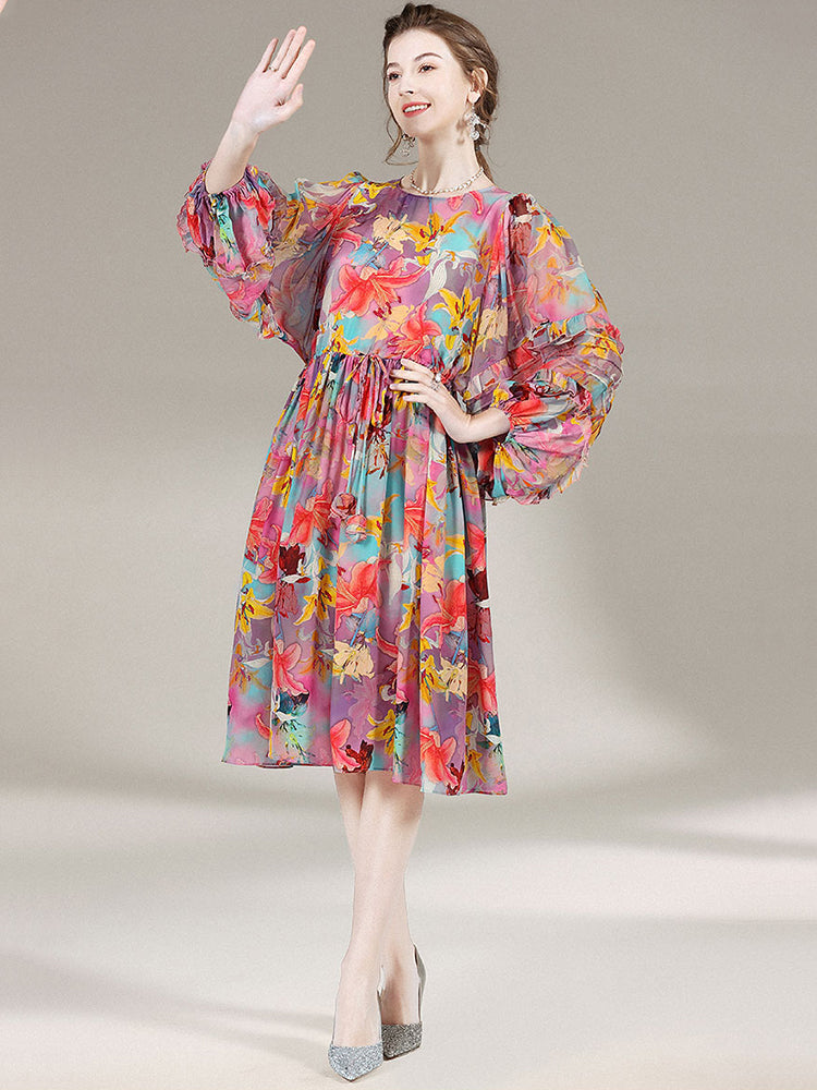 Floral Round Neck Wide Sleeve Beautiful Silk Dress SD010