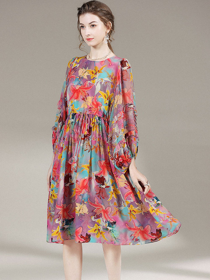 Floral Round Neck Wide Sleeve Beautiful Silk Dress SD010