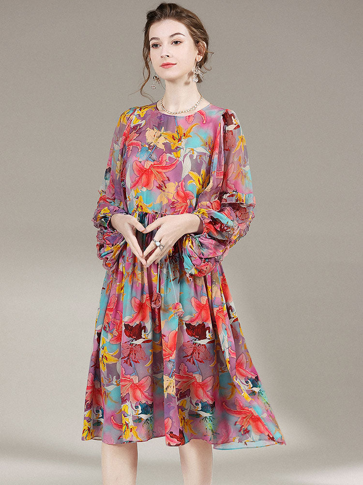 Floral Round Neck Wide Sleeve Beautiful Silk Dress SD010