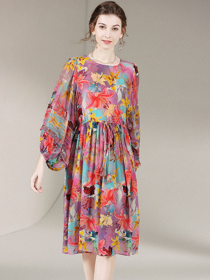 Floral Round Neck Wide Sleeve Beautiful Silk Dress SD010