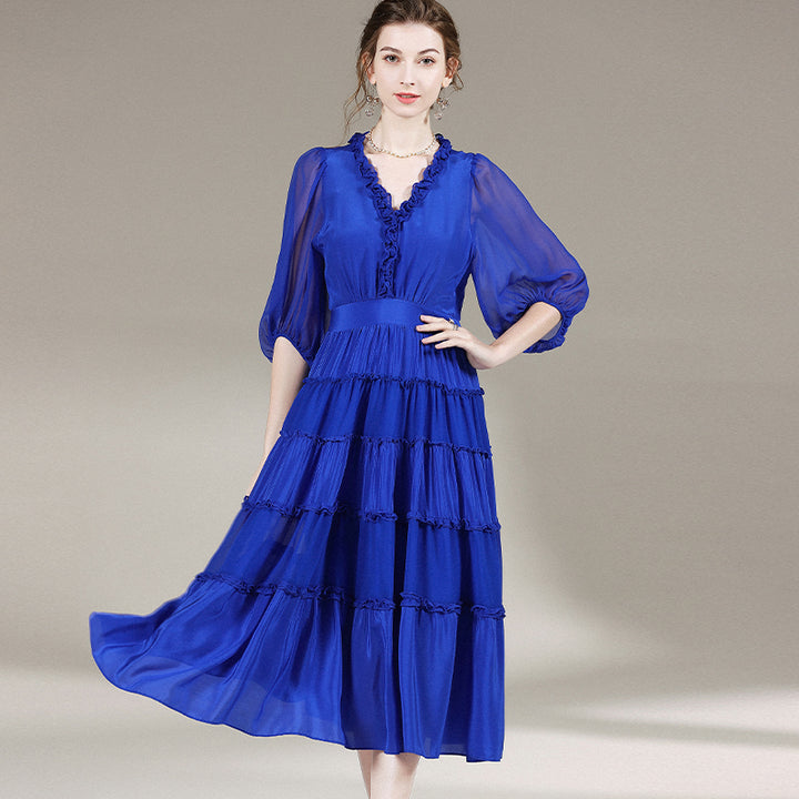 Ladies Blue V-Neck High Waist Half Sleeve Silk Dress SD011