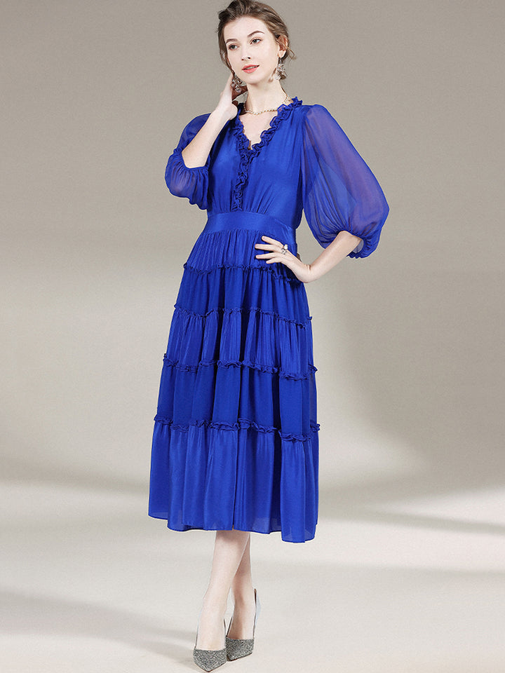 Ladies Blue V-Neck High Waist Half Sleeve Silk Dress SD011